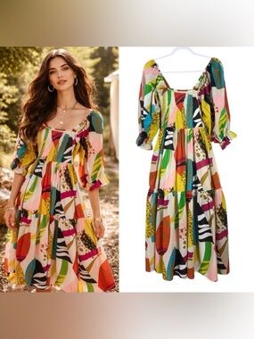 Womens Maxi Dress Small Coastal Beachy Fairy Garden Party Resort Puff Sleeves